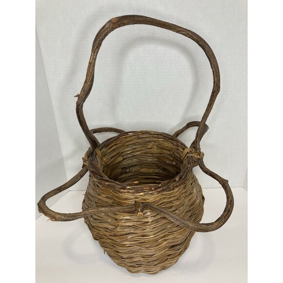 VTG Handmade Rustic Woven Twig Vine Wood Basket Tall Round Primitive Whimsical - Picture 6 of 11